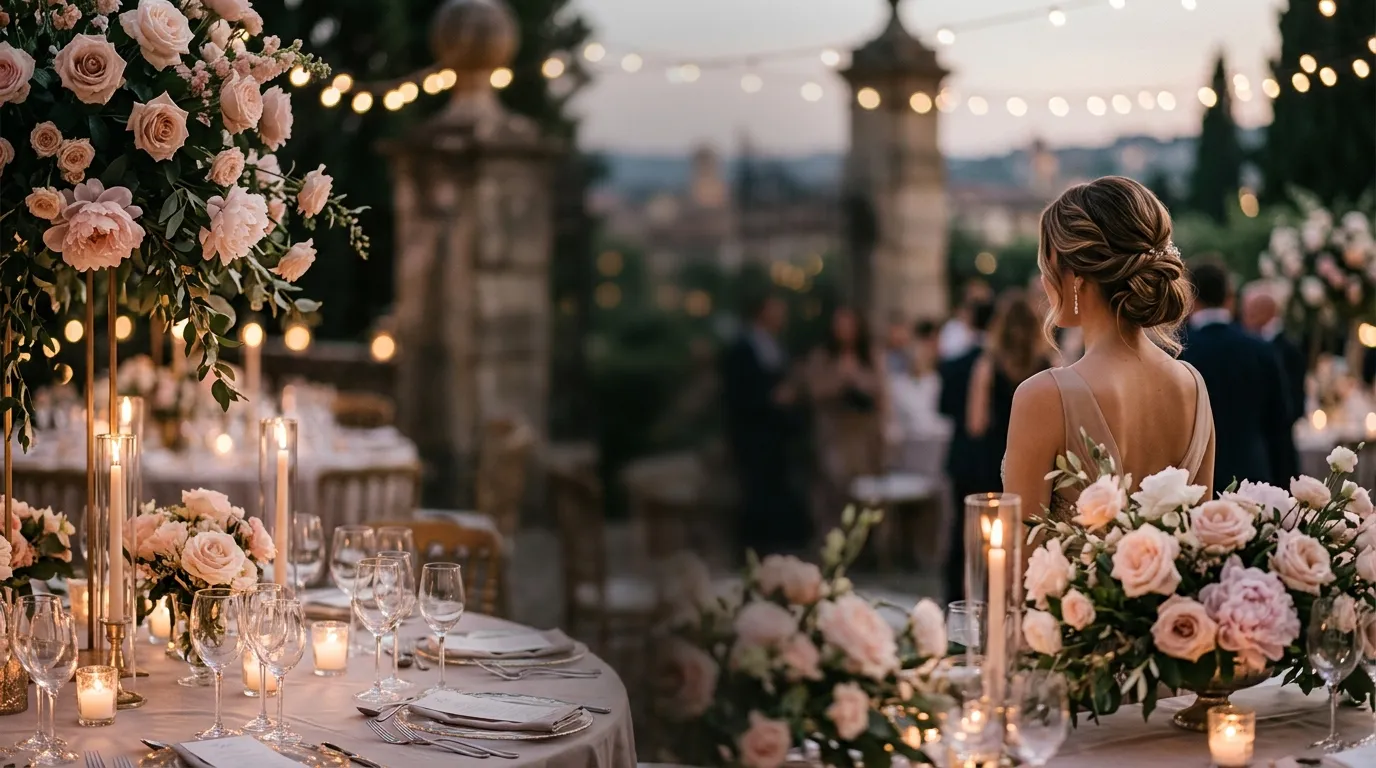 Atmospheric event setting at dusk with candlelight and blush florals