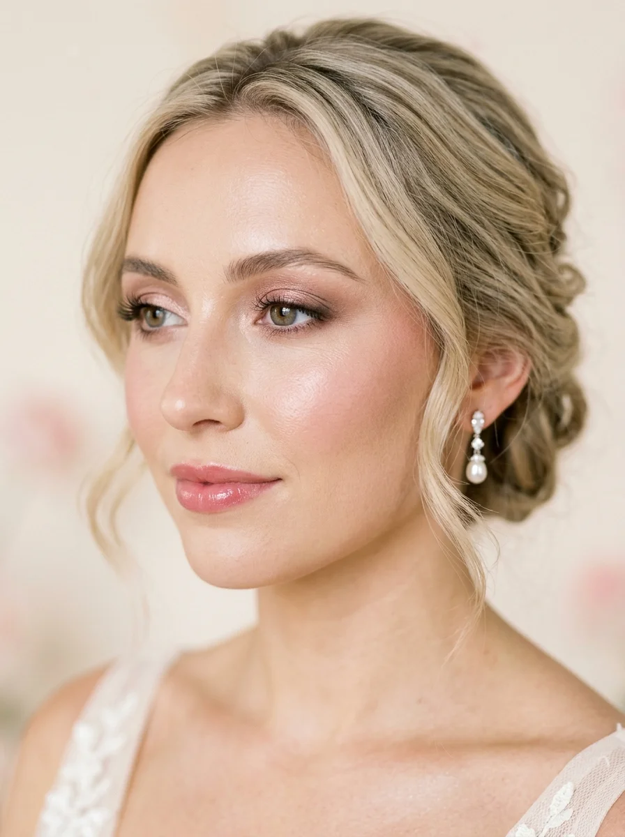 Bridal makeup close-up with luminous dewy skin and soft rose lip