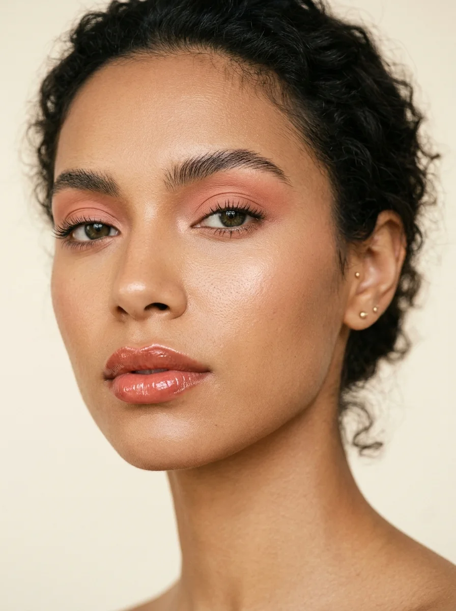 Editorial makeup close-up with artful peach-rose color wash