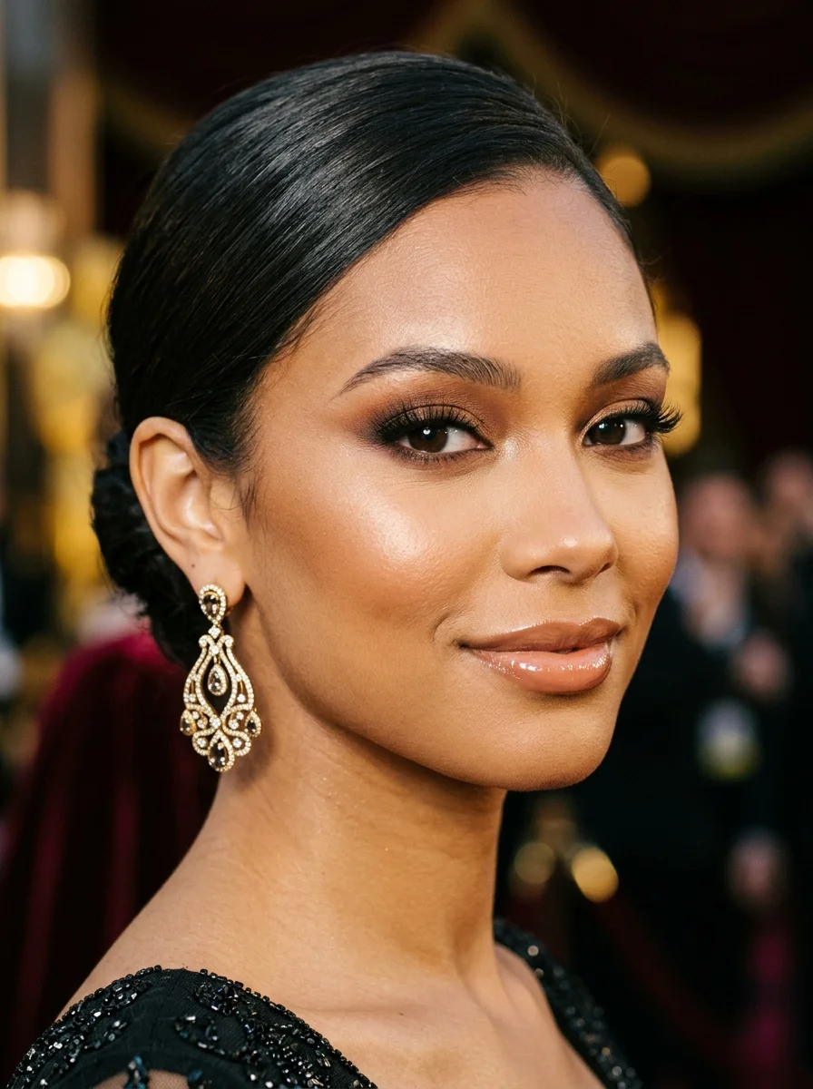 Red carpet makeup close-up with warm bronze smoky eye