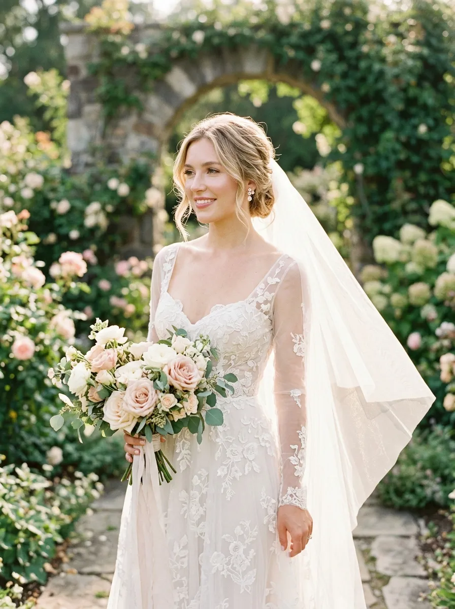 Editorial bridal portrait with luminous skin and soft rose lip