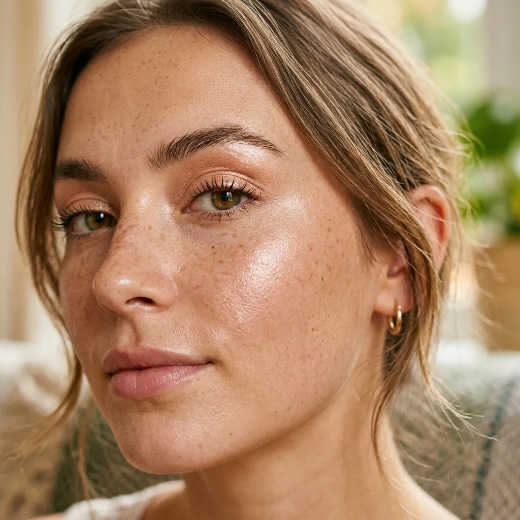 Beauty close-up of dewy glowing cheek and softly shimmering eye