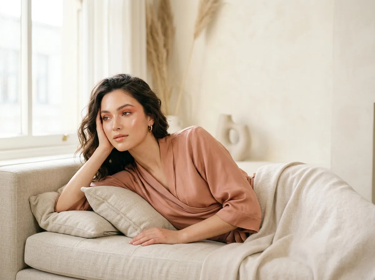 Wide editorial beauty shot with peach-rose color story