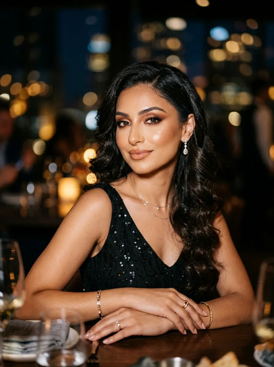 Evening glam portrait with warm bronze smoky eye