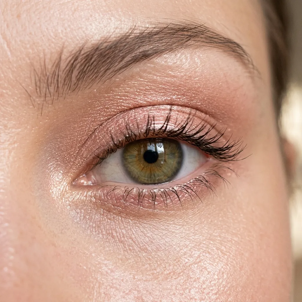 Macro of one eye with soft rose-gold shimmer