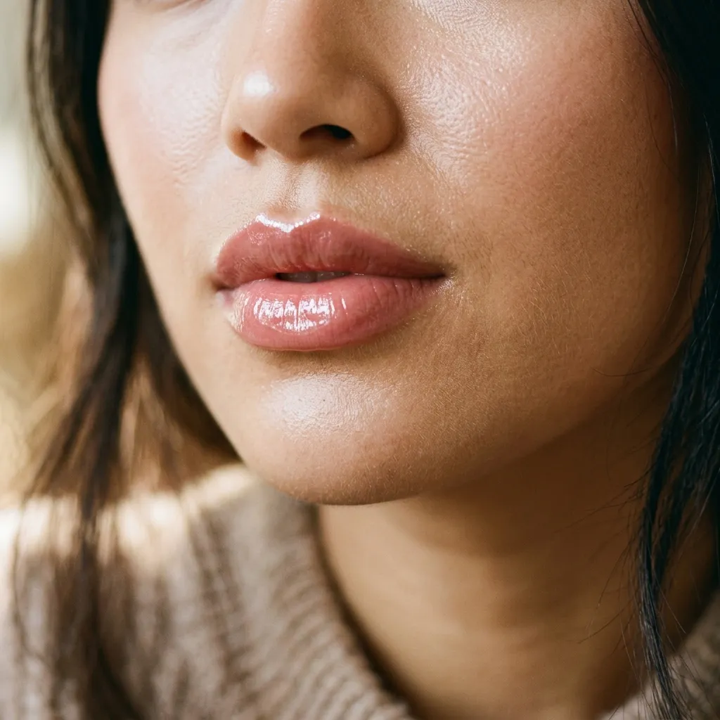 Close-up of glossy rose-nude lips
