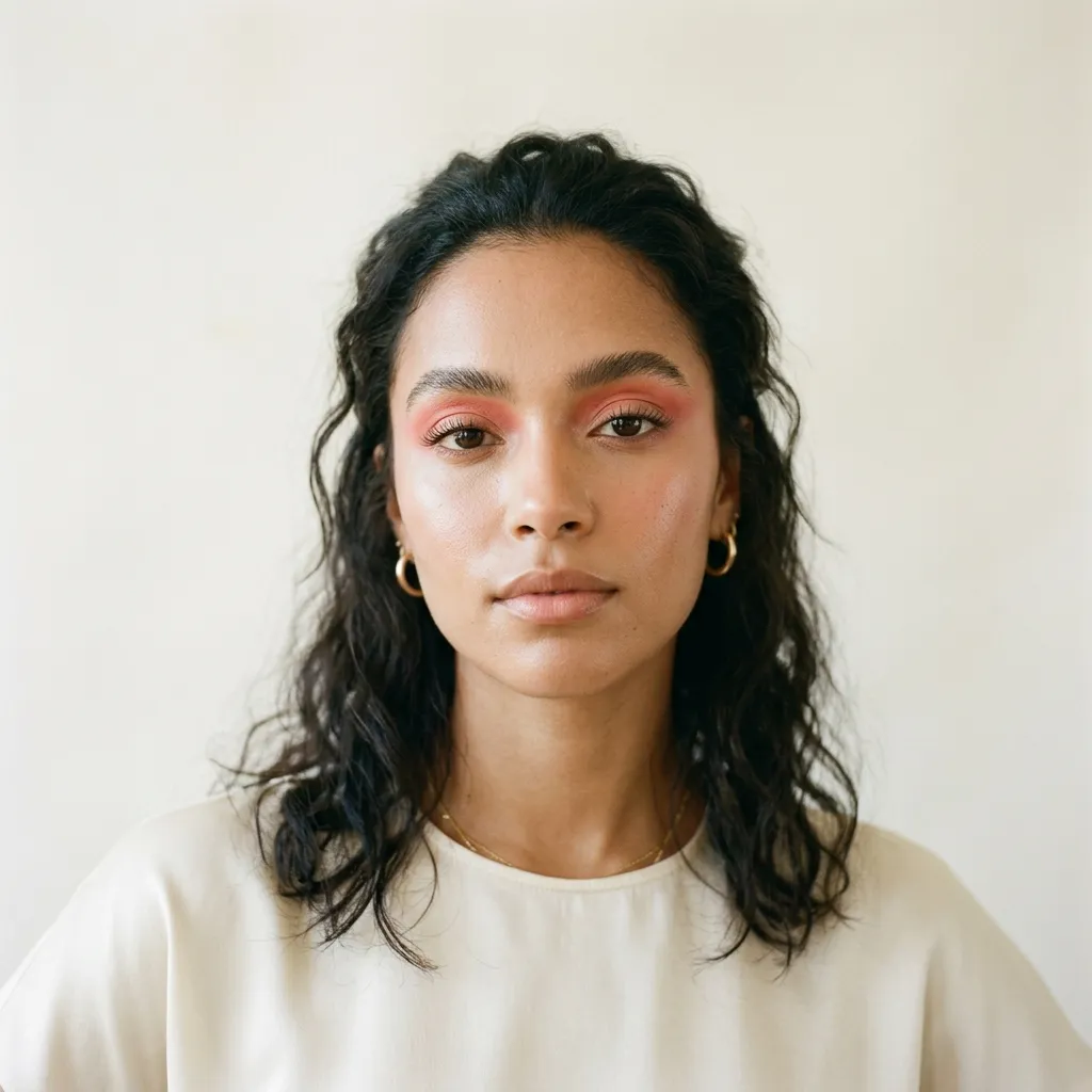 Artful editorial look with blush-coral graphic wash