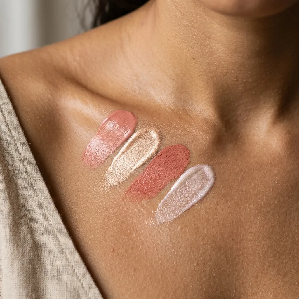 Blush and highlighter swatches on warm skin
