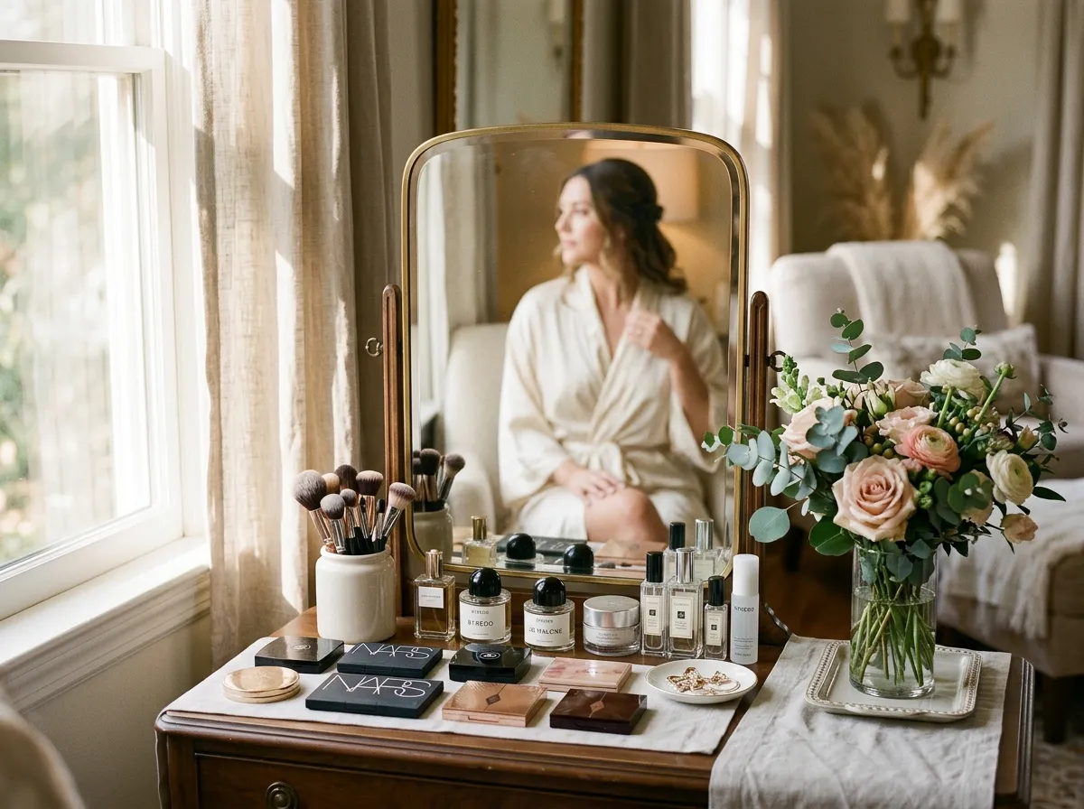 Soft-lit vanity by a window with makeup brushes and morning light