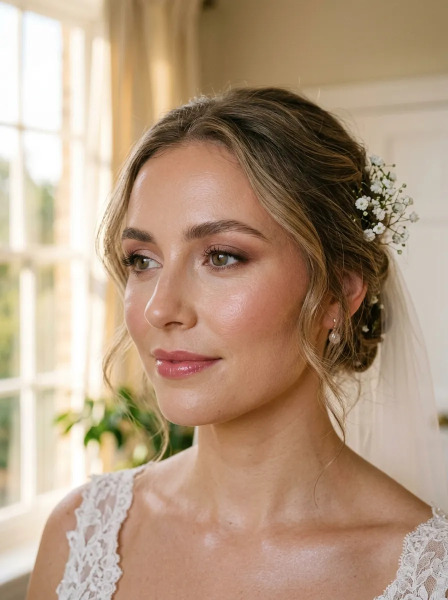 Bridal portrait with flawless soft makeup, rose lip, and fine veil