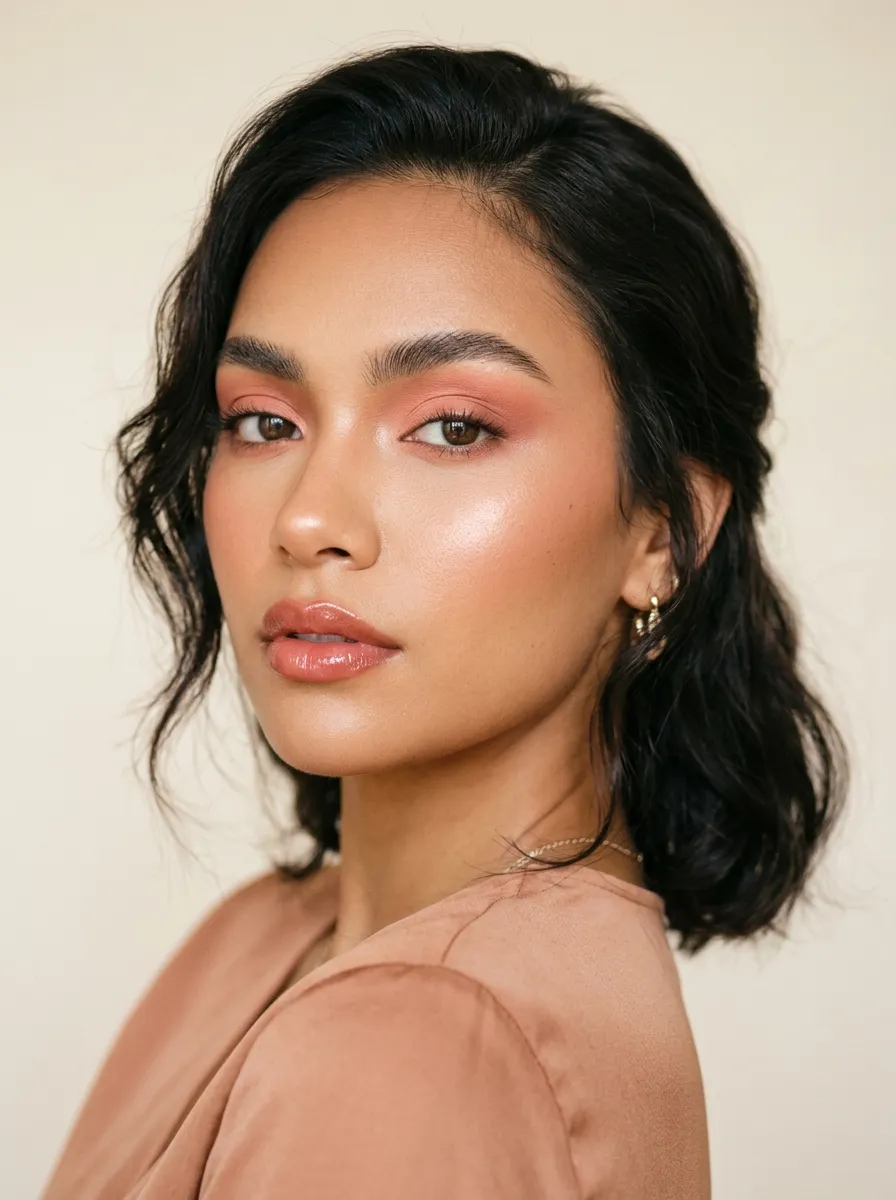 Editorial beauty shot with artful peach-rose color wash