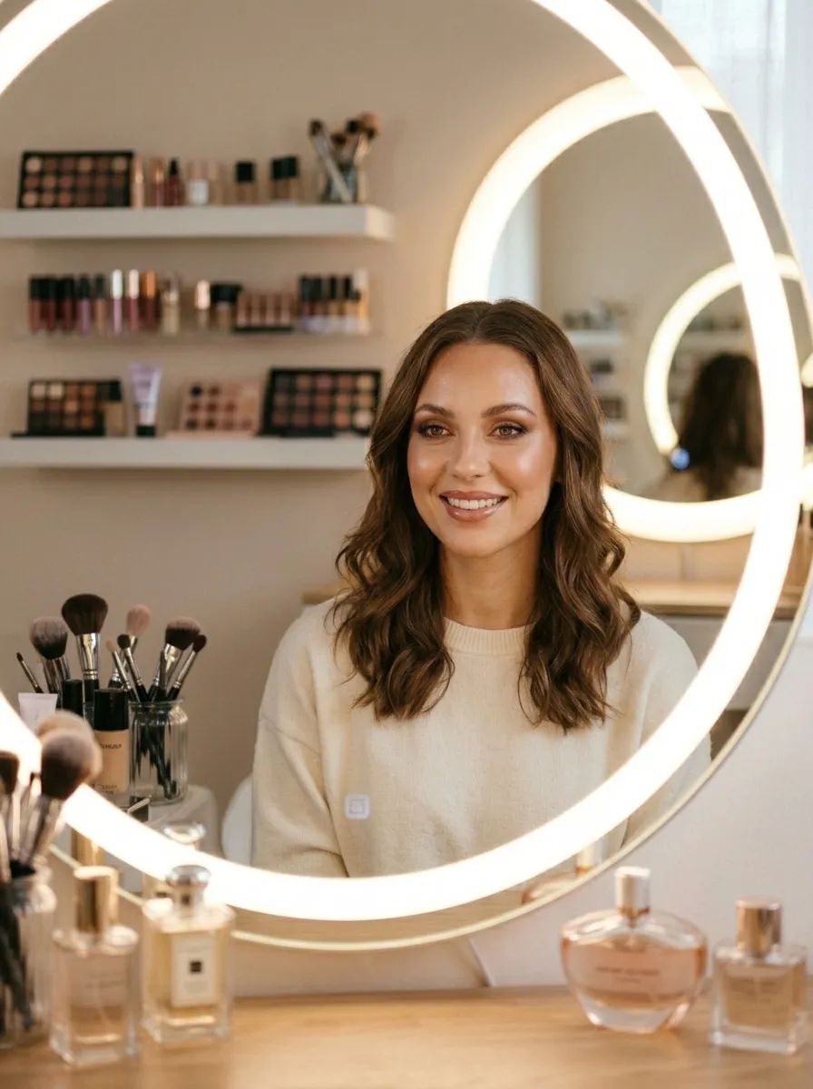 Makeup lesson at a softly-lit vanity