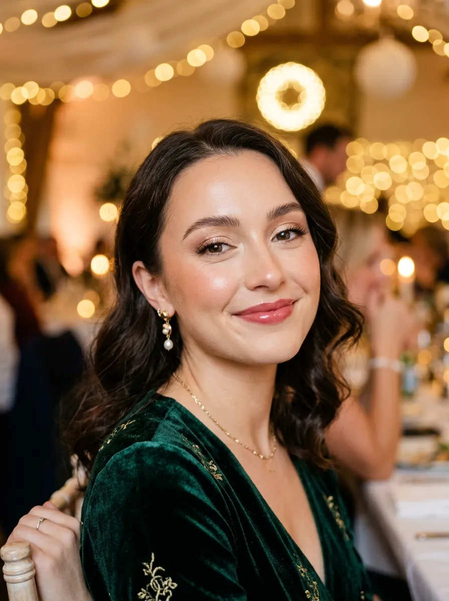Fresh celebratory makeup with glowing skin and soft shimmer