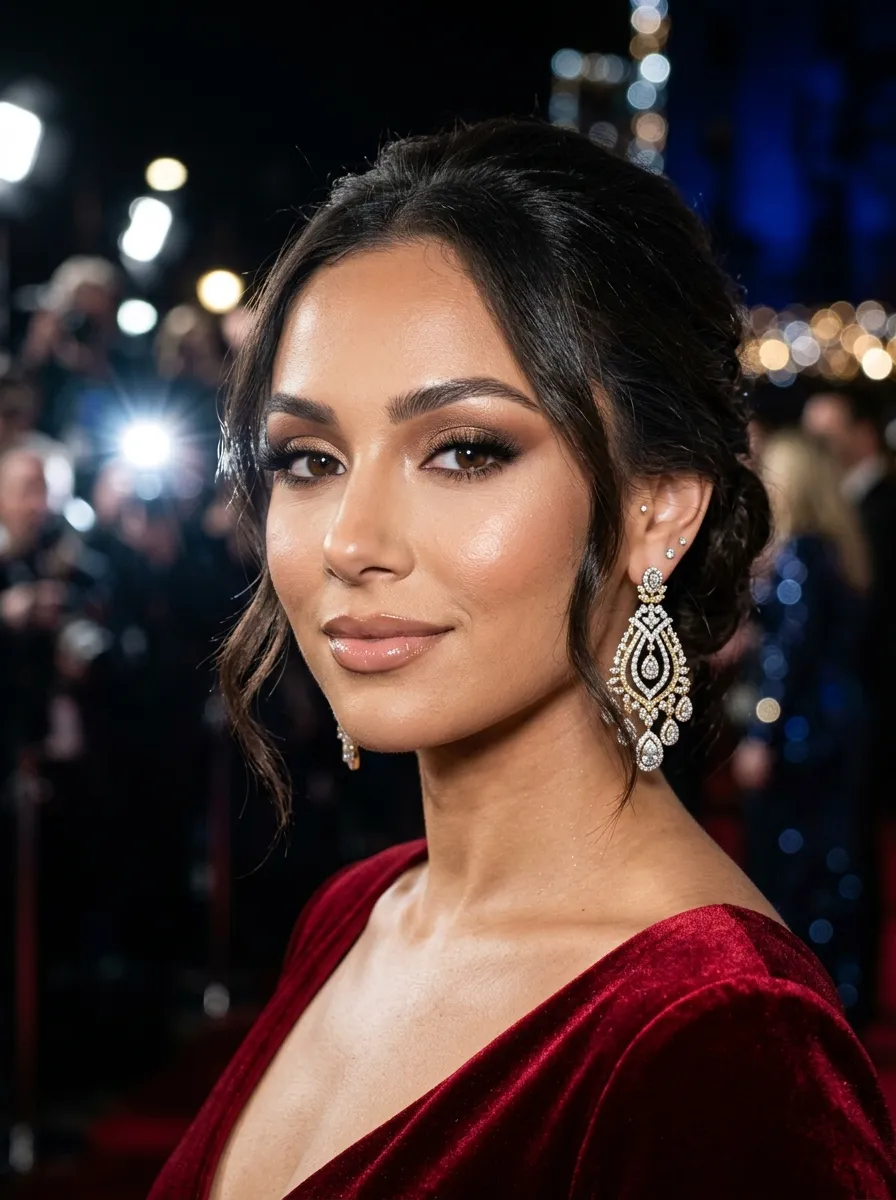 Glamorous red-carpet look with warm bronze smoky eye